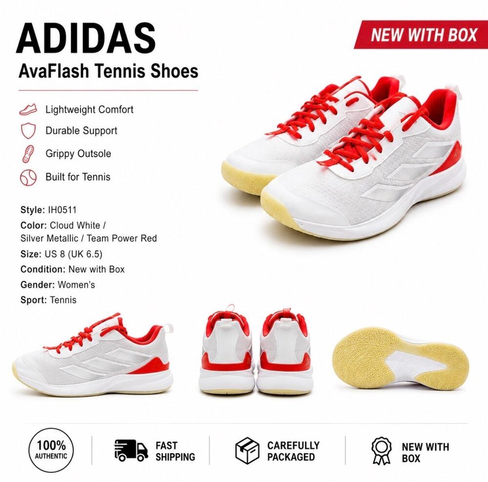 Adidas AvaFlash Tennis Shoes Women's White Red Court Sneakers Size 8 / IH0511